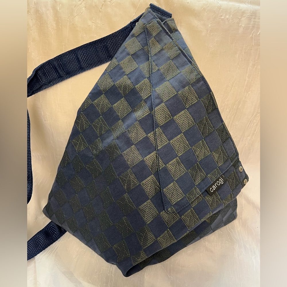 Blue/bronze tapestry bag, convertible from backpack to shoulder bag.